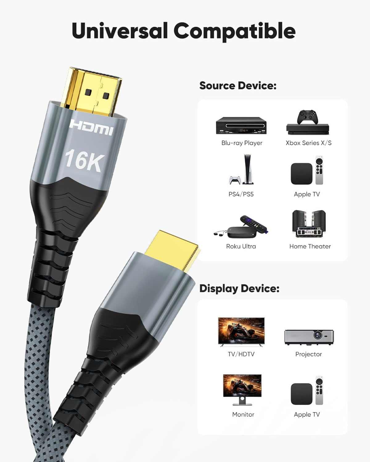 NÖRDIC 2m HDMI 2.2 kabel 96 Gbps, støtter 16K 60Hz, 8K 240Hz, 4K 480Hz, HDCP 2.2 & 2.3, DTS:X, Dynamic HDR10+ og eARC
