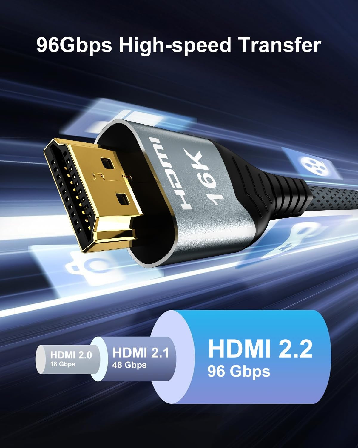 NÖRDIC 2m HDMI 2.2 kabel 96 Gbps, støtter 16K 60Hz, 8K 240Hz, 4K 480Hz, HDCP 2.2 & 2.3, DTS:X, Dynamic HDR10+ og eARC