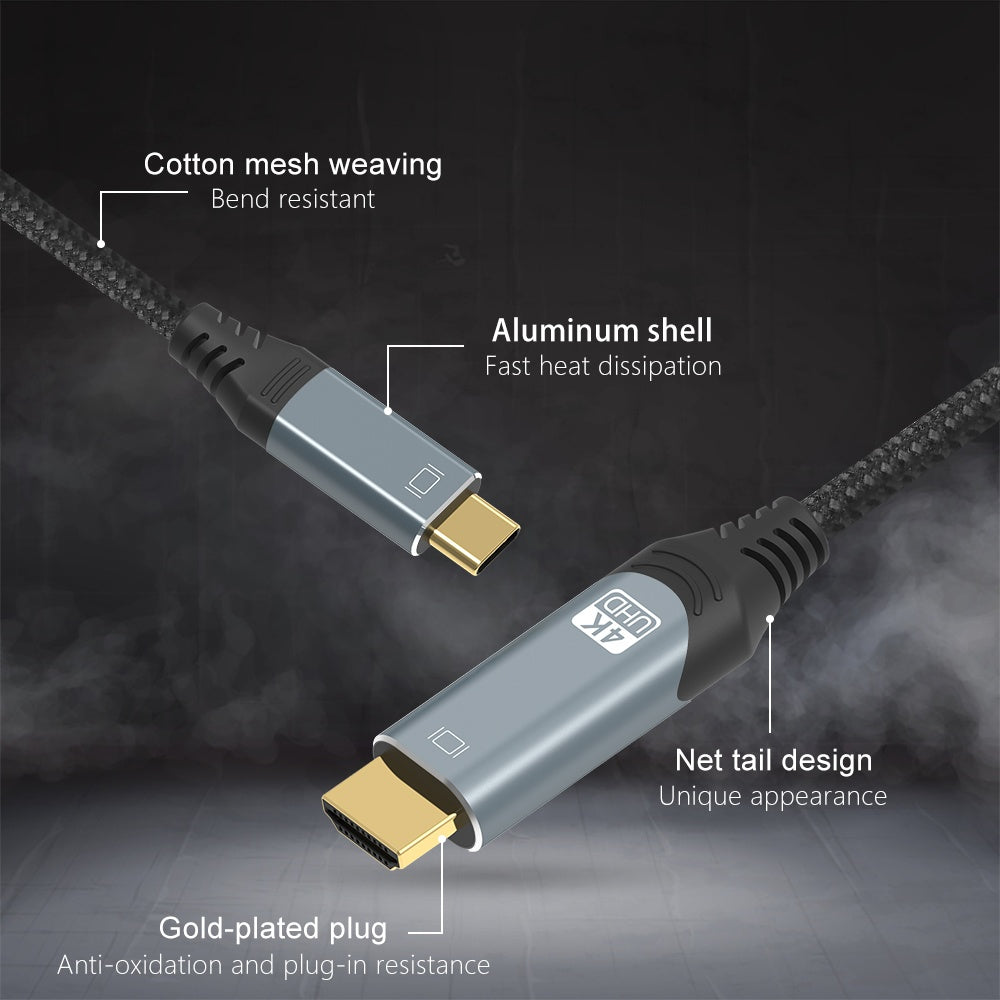 NÖRDIC 2M USBC til HDMI 4K 60Hz Nylon Flettet Kabel Space Gråstøtte for HDCP1.4 og 2.2 Pure Copper 99,99%