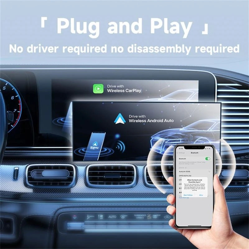 NÖRDIC 2-i-1 trådløs Android CarPlay-dongle, med USB-C-adapter, Plug & Play, WiFi 5,8 GHz, støtter iOS 10+ og Android 11+