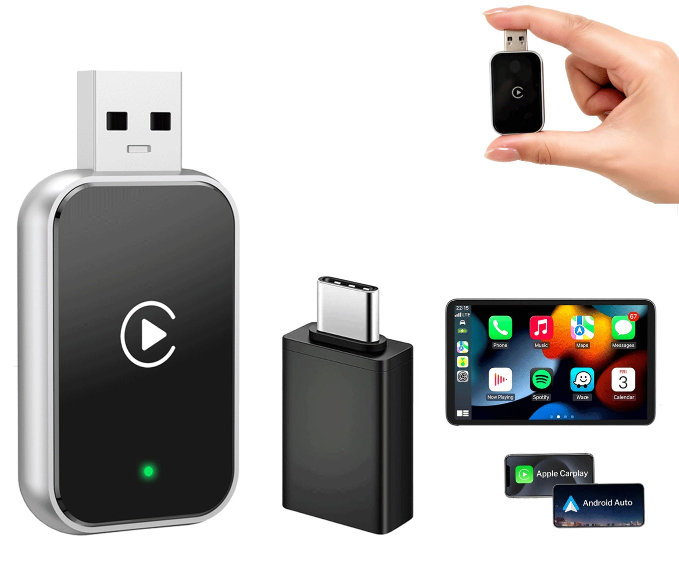 NÖRDIC 2-i-1 trådløs Android CarPlay-dongle, med USB-C-adapter, Plug & Play, WiFi 5,8 GHz, støtter iOS 10+ og Android 11+