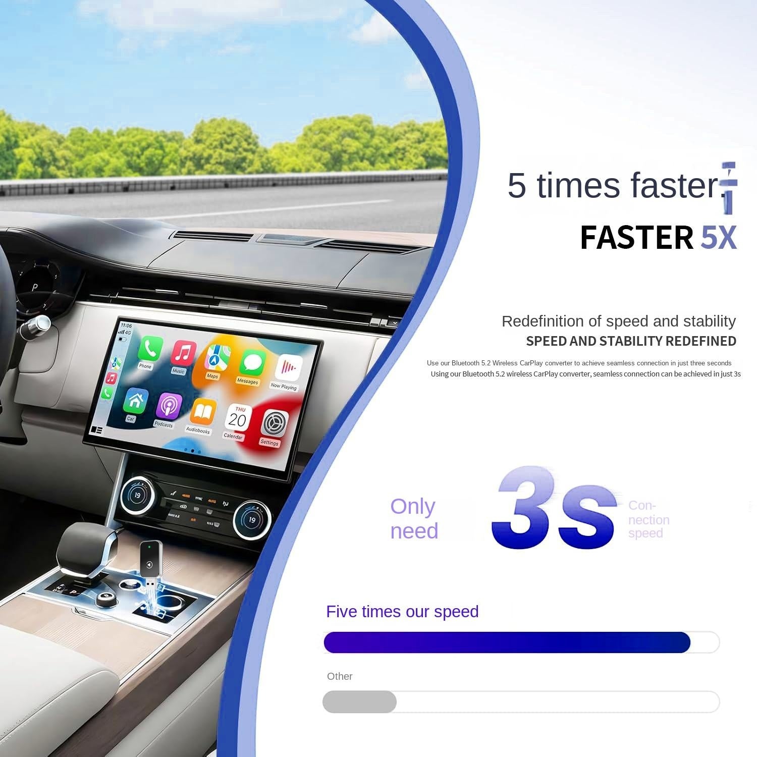 NÖRDIC 2-i-1 trådløs Android CarPlay-dongle, med USB-C-adapter, Plug & Play, WiFi 5,8 GHz, støtter iOS 10+ og Android 11+