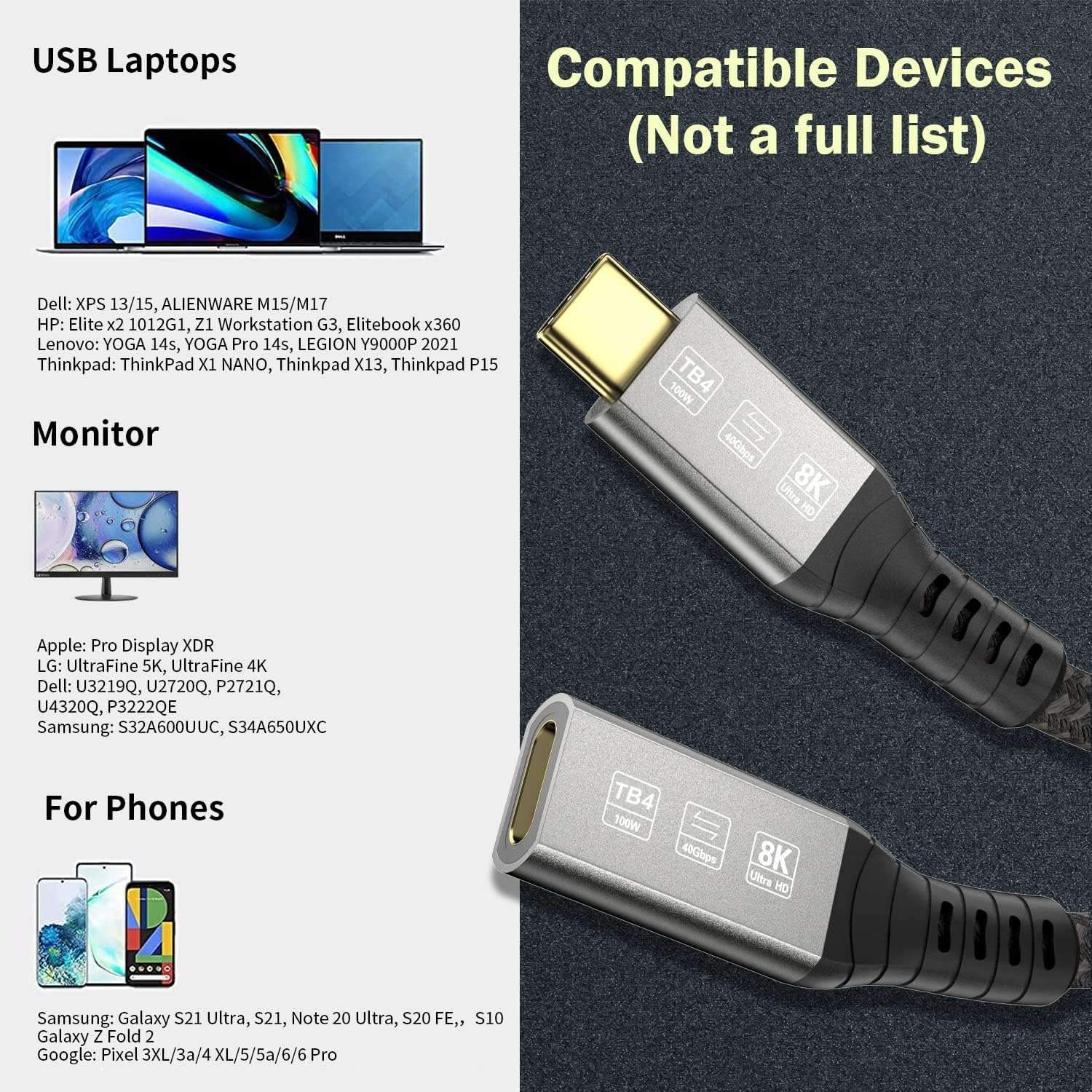 NÖRDIC 2m Thunderbolt 4 forlengelseskabel, USB-C hann til hunn, 100W hurtiglading, 40Gbps, 8K 60Hz