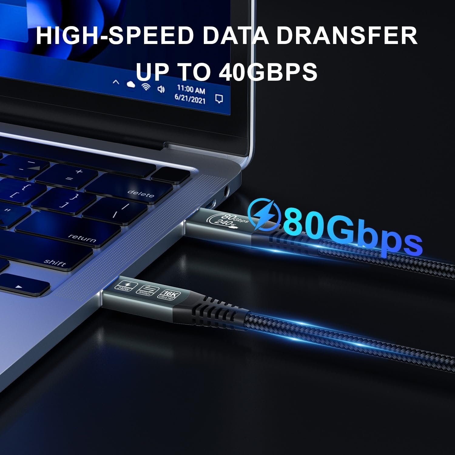 NÖRDIC 2m Thunderbolt 5 cable 80Gbps data transfer 240W Charging 120Gbps bandwith 16K60Hz 8K60Hz 4K540Hz