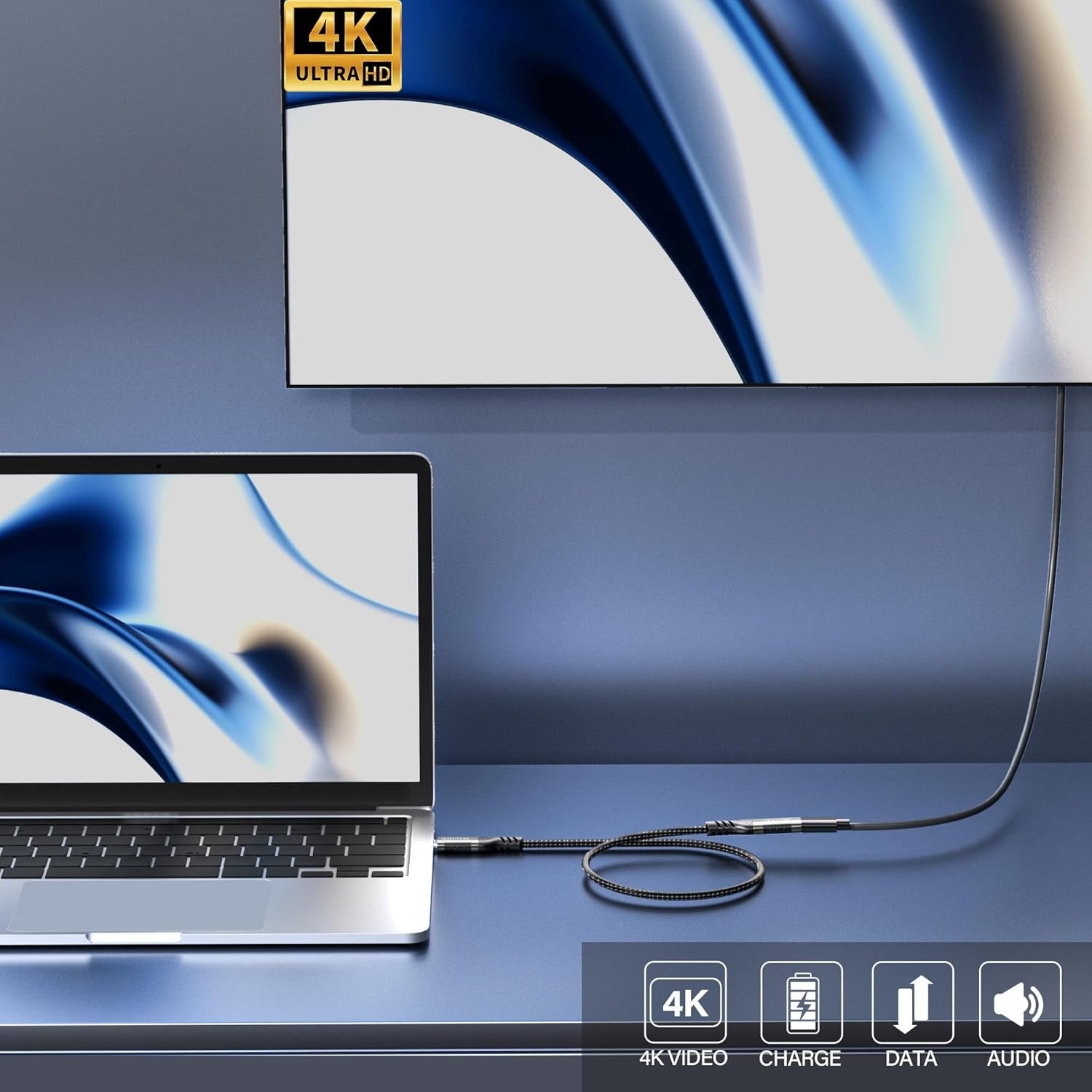 NÖRDIC 2m USB3.2 Gen2 20Gbps USB-C til C nylonflettet forlengelseskabel med Power Delivery 240W 4K60Hz