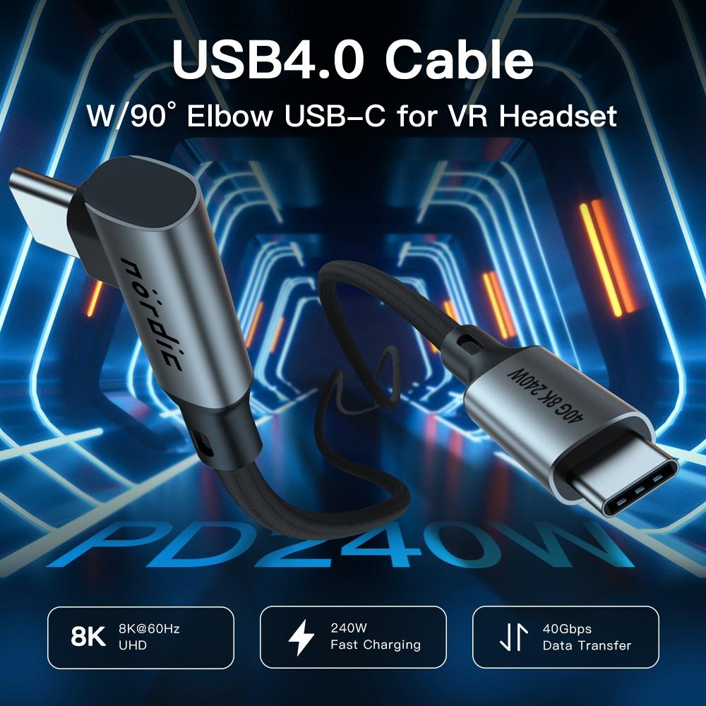 NÖRDIC Vinklet 2m USB4 USB-C til C nylonflettet kabel PD3.1 240W 40G 8K60Hz 4K144Hz grå