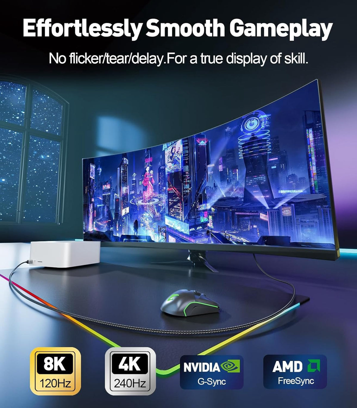 NÖRDIC 2m USB-C til DisplayPort 2.1 kabel 16K60Hz 8K120Hz 2K/4K240Hz 80Gbps Thunderbolt 5/4/3 til DisplayPort 2.1