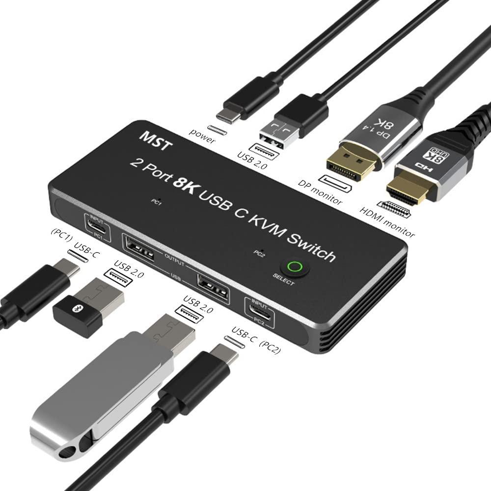 NÖRDIC 2 til 2 KVM-svitsj USB-C og skjermport 1xDP 1xHDMI 8K 60Hz 3xUSB-A