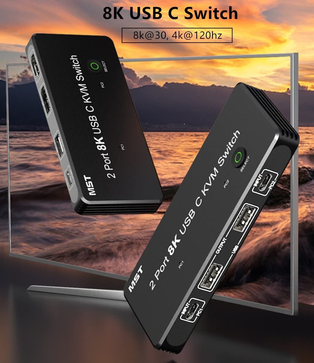 NÖRDIC 2 til 2 KVM-svitsj USB-C og skjermport 1xDP 1xHDMI 8K 60Hz 3xUSB-A