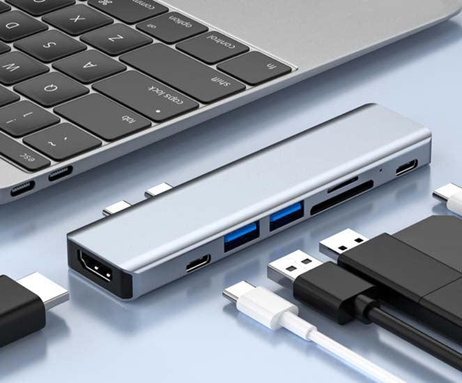 NÖRDIC 2 til 7 USB-C-dokkingstasjon for MacBook Pro og Air 1xHDMI 4K30Hz 1xUSB-A 3.1 1xUSB-A 2.0 1xUSB-C 3.1 1xUSB-C 100W PD 1x SD/TF-kortleser