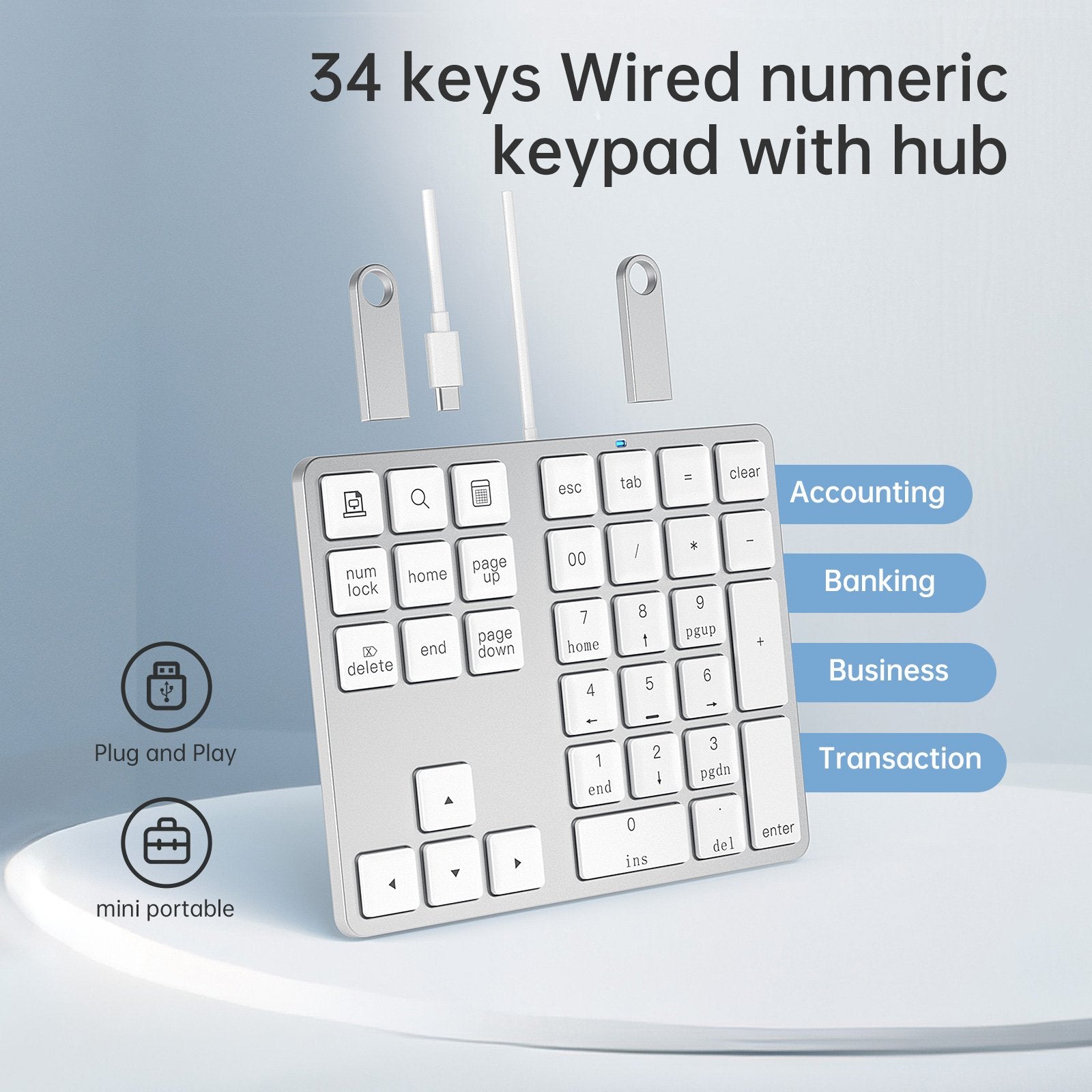 NÖRDIC USB-C Kablet numerisk tastatur, 34 taster, 2×USB-A + 1×USB-C for lading