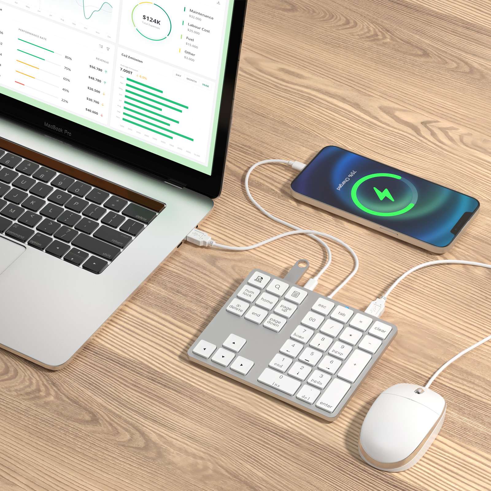 NÖRDIC USB-C Kablet numerisk tastatur, 34 taster, 2×USB-A + 1×USB-C for lading