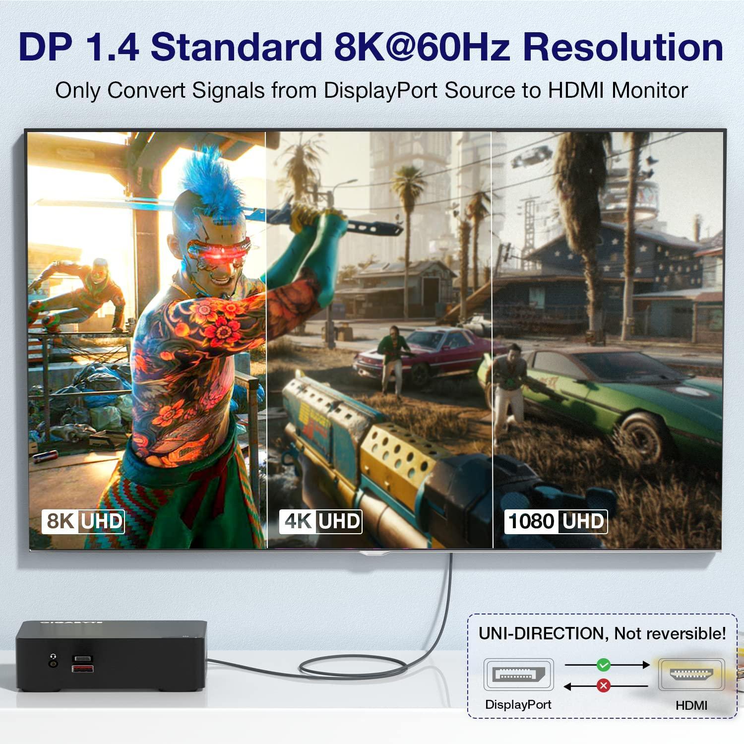 NÖRDIC 3m Displayport 1.4 til HDMI 2.1 8K60Hz 4K120/144Hz Dynamic HDR 32.4Gbps Dolby ATMOS