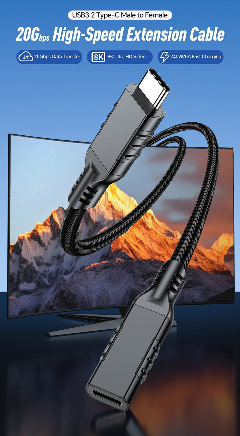 NÖRDIC 3m USB3.2 Gen2 20Gbps USB-C til C nylonflettet forlengelseskabel med Power Delivery 240W 4K60Hz