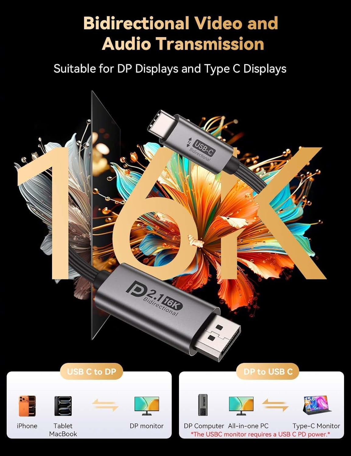 NÖRDIC 3m bidireksjonell USB-C til DisplayPort 2.1 kabel 16K60Hz 8K240Hz/120Hz 4K240/165/144/60 HDR HDCP2.3