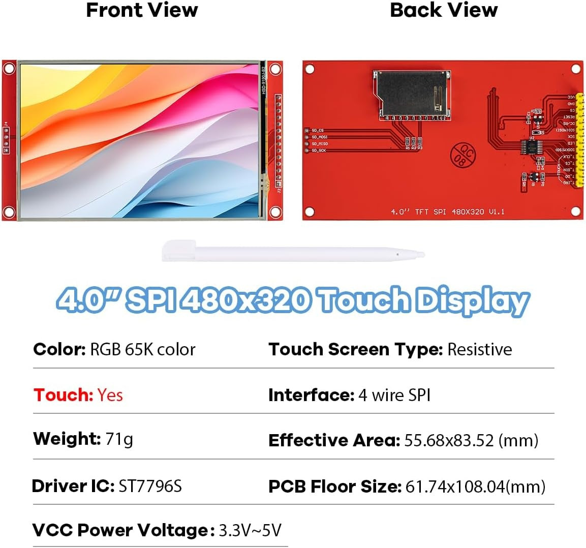 NÖRDIC 4,0" Touch Display Shield-modul, 480x320 TFT LCD-panel, SPI-seriell ST7796S med touch-penn, kompatibel med Arduino