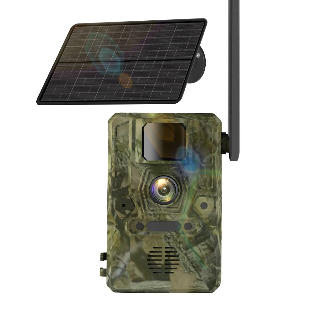 NÖRDIC 4W Solar Panel 3MP FHD Camouflage Hidden Wildlife Hunting Camera LTE 4G Sim Card IP66 Waterproof