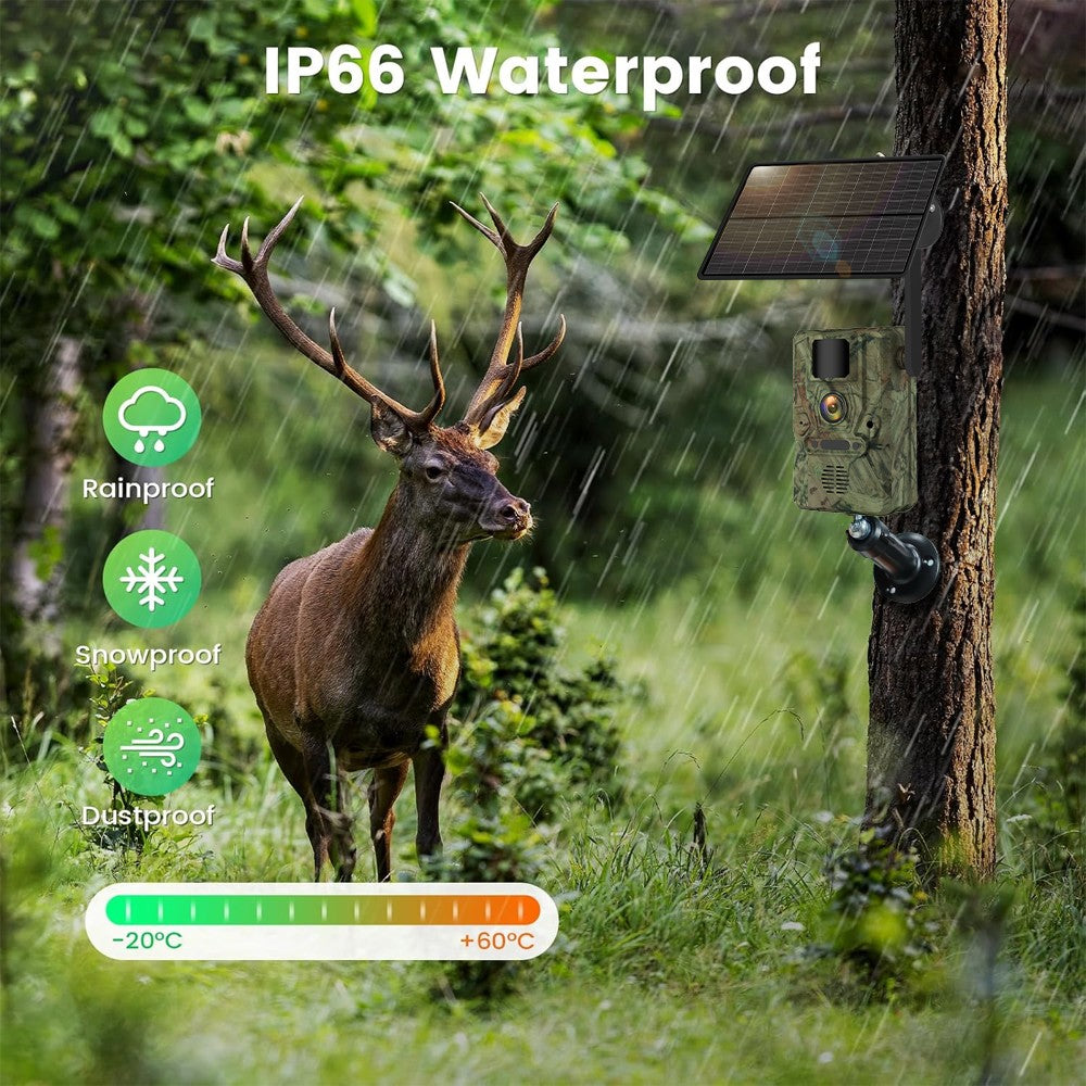 NÖRDIC 4W Solar Panel 3MP FHD Camouflage Hidden Wildlife Hunting Camera LTE 4G Sim Card IP66 Waterproof