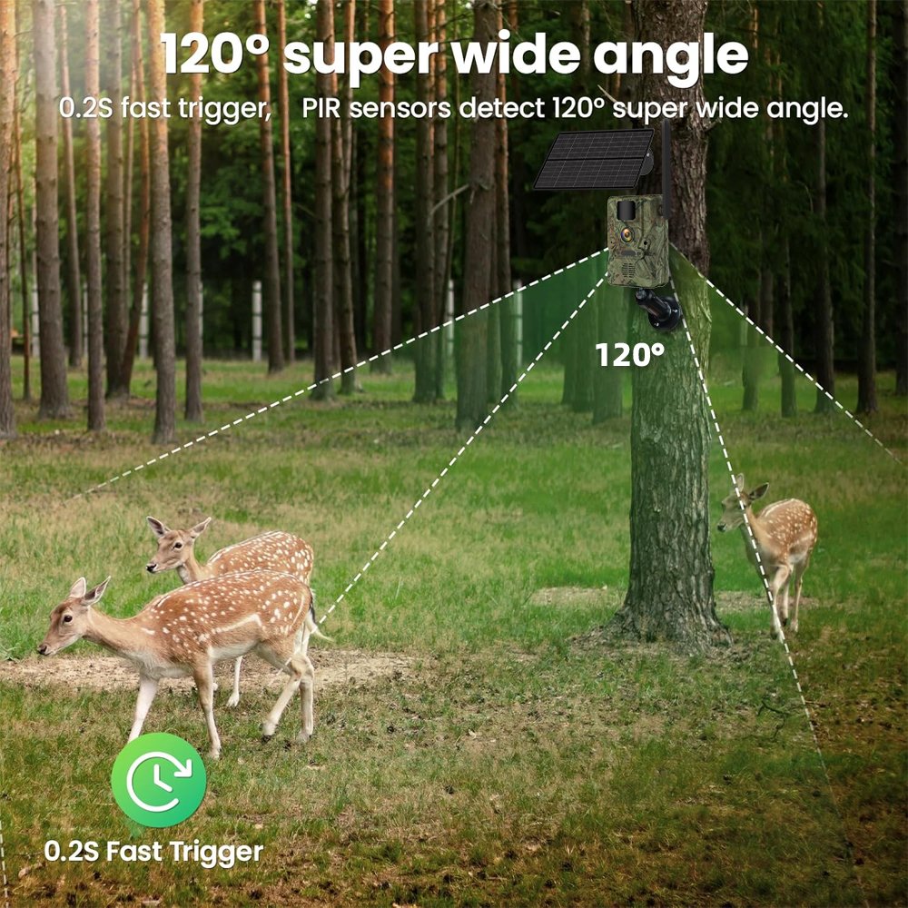 NÖRDIC 4W Solar Panel 3MP FHD Camouflage Hidden Wildlife Hunting Camera LTE 4G Sim Card IP66 Waterproof