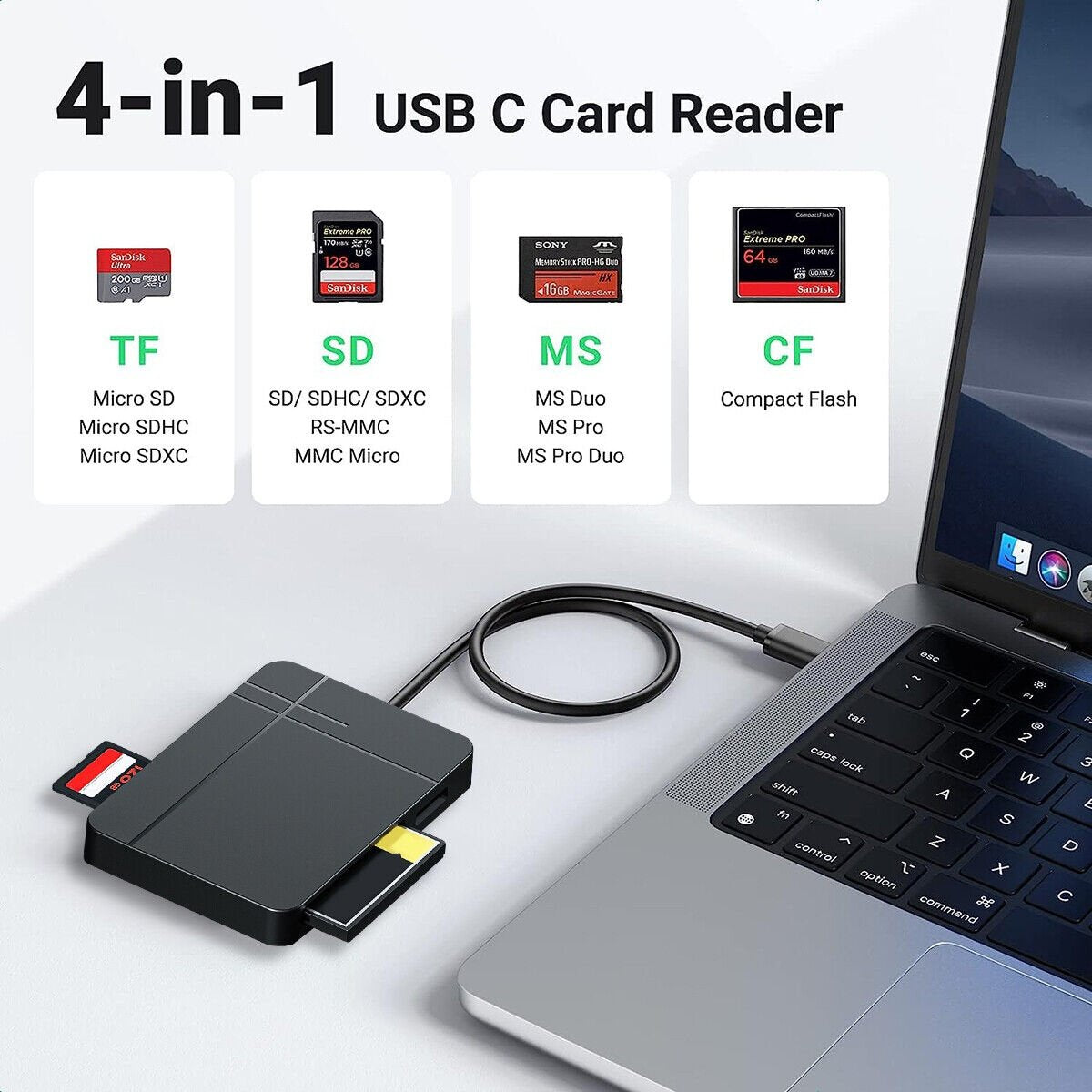 NÖRDIC USB-A 3.1, USB-C-kortleser 4 spor CF, SD 4.0, MicroSD 4.0, MS UHS-II