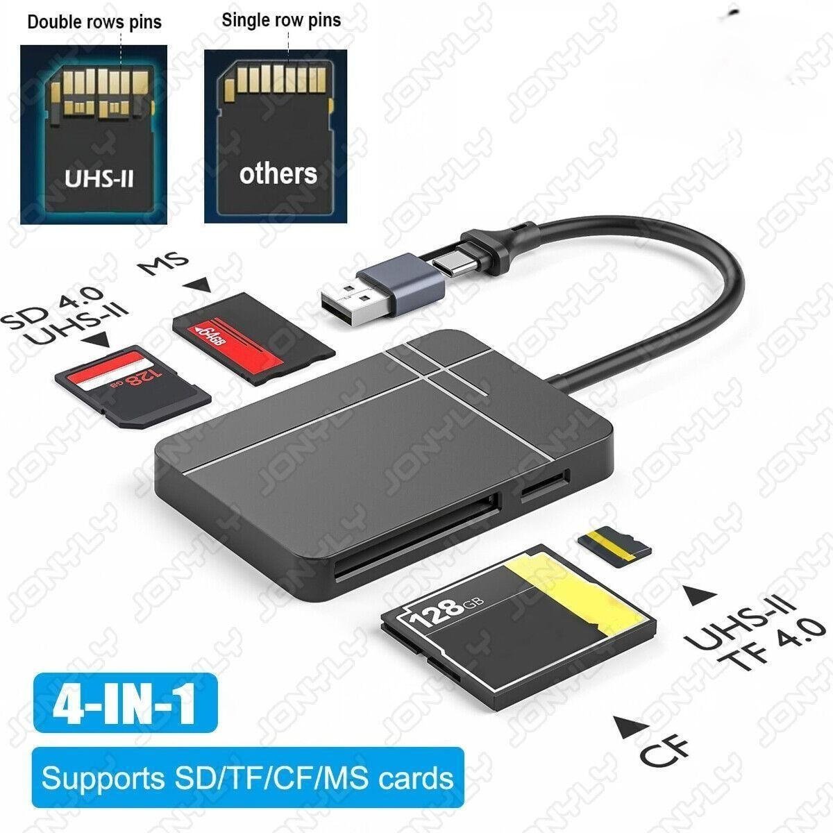 NÖRDIC 4 i 1 USB-A/C kortleser SD/MicroSD/CF/TF/MS 5Gbps UHS-II 1TB