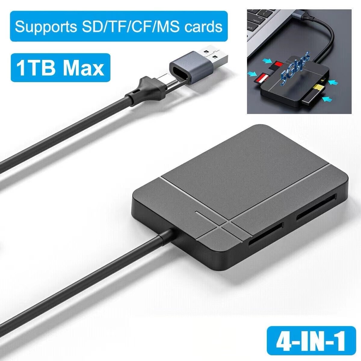 NÖRDIC USB-A 3.1, USB-C-kortleser 4 spor CF, SD 4.0, MicroSD 4.0, MS UHS-II