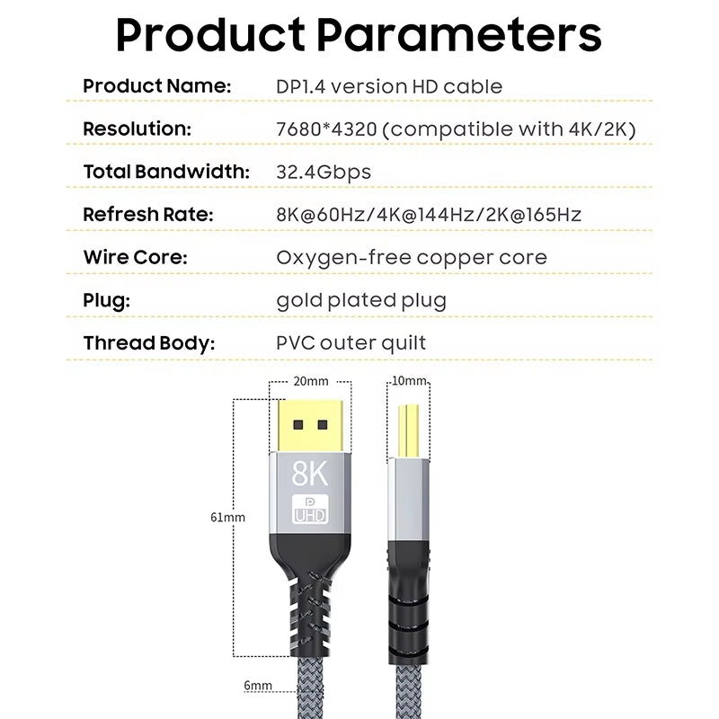 NÖRDIC 50cm DisplayPort til DisplayPort Cable Ver 1.4 UHD 8K i 60Hz 32.4gbps 10-bit HDR Double Screen Pure Copper 99.99%