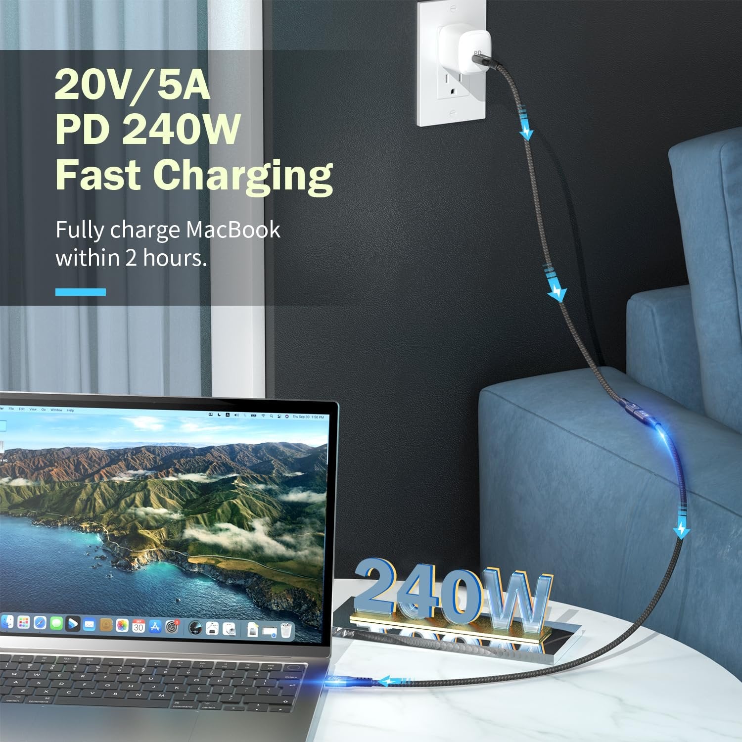 NÖRDIC 50 cm USB3.2 Gen2 20Gbps USB-C til C nylonflettet forlengelseskabel med Power Delivery 240W 4K60Hz