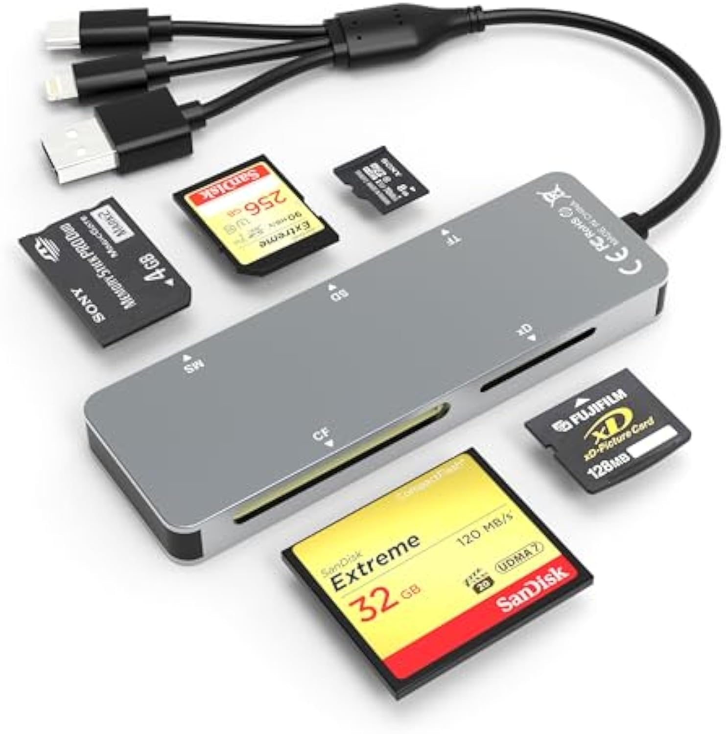 NÖRDIC 5i1 kortläsare USB-A USB-C lightning CF SD MicroSD XD TF 2TB UHS-I