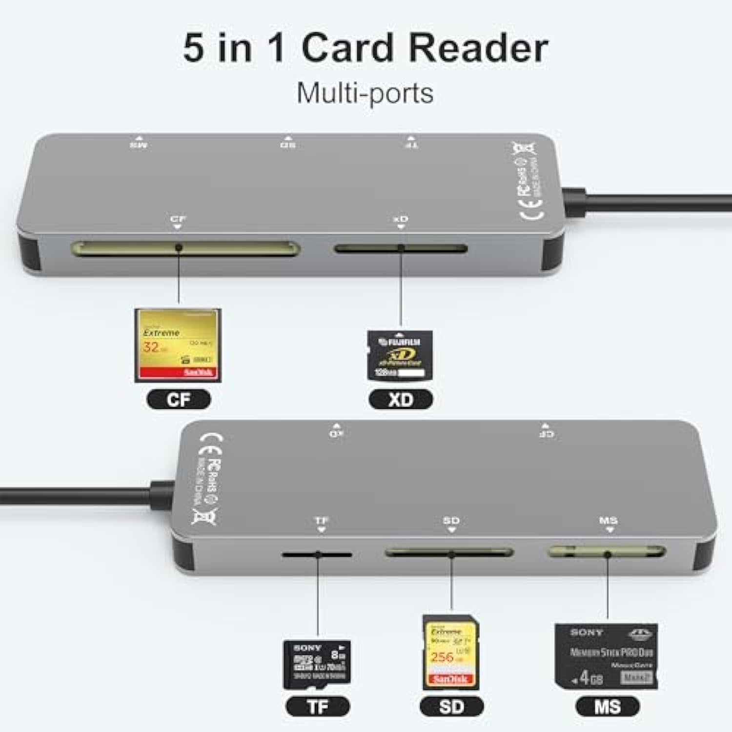 NÖRDIC 5i1 kortläsare USB-A USB-C lightning CF SD MicroSD XD TF 2TB UHS-I