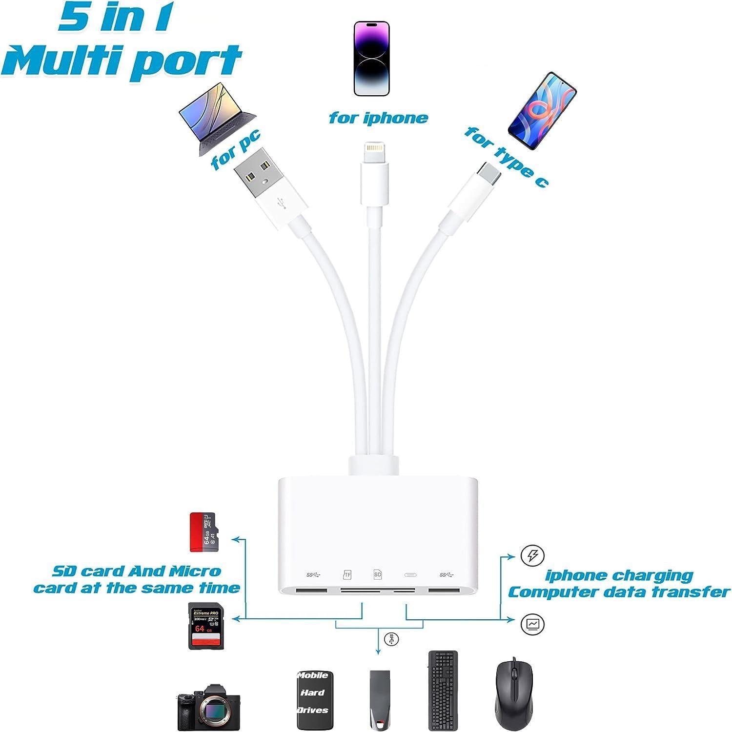 NÖRDIC 5-i-1 kortleser USB-A USB-C lightning SD/MMC og MicroSD/TF 2TB UHS-I