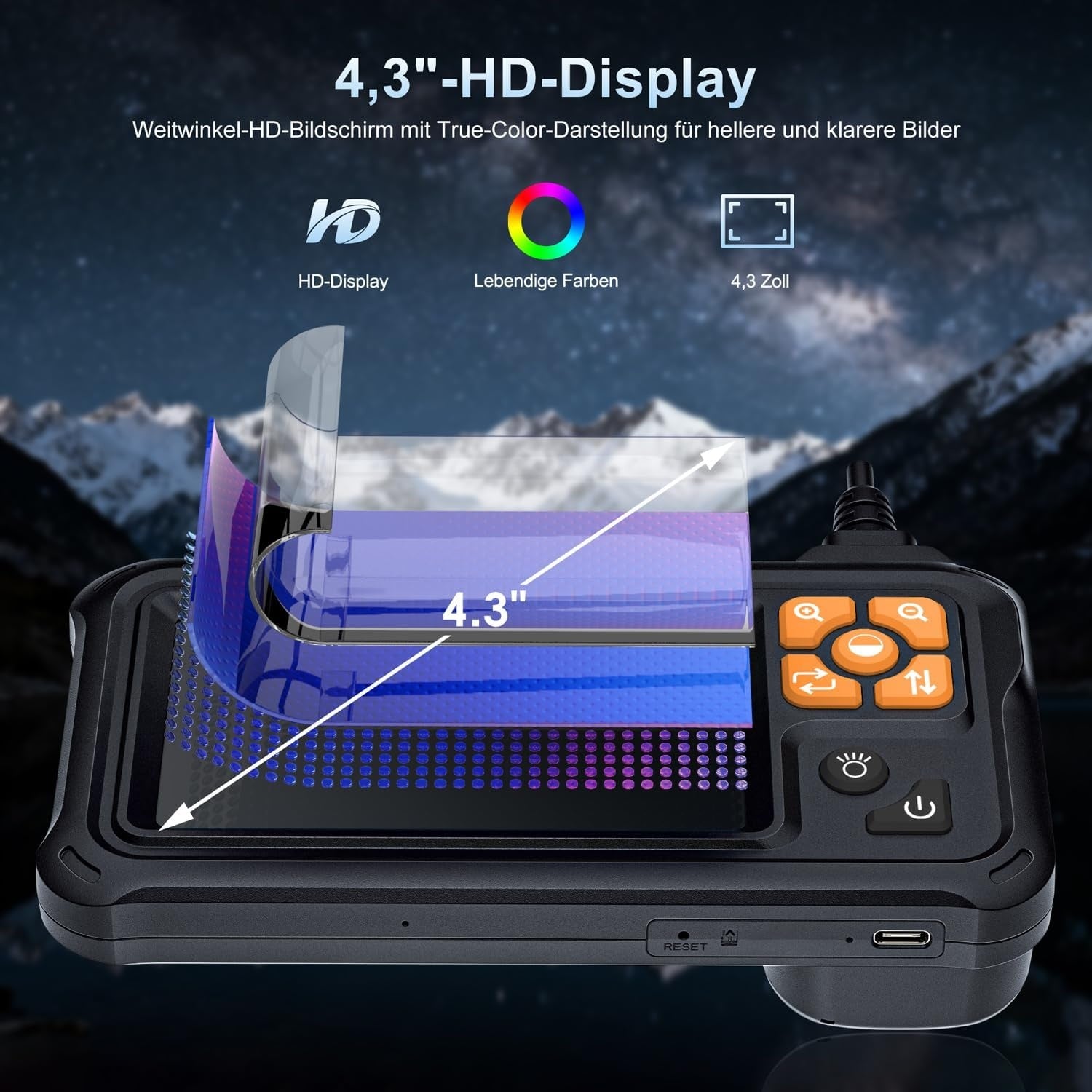 NÖRDIC 5m 1920x1080p HD-Endoskopkamera med doble linser, 4,3" IPS-skjerm, IP67 vanntett inspeksjonskamera med 8 LED-lys, halvstiv kabel, Plug & Play