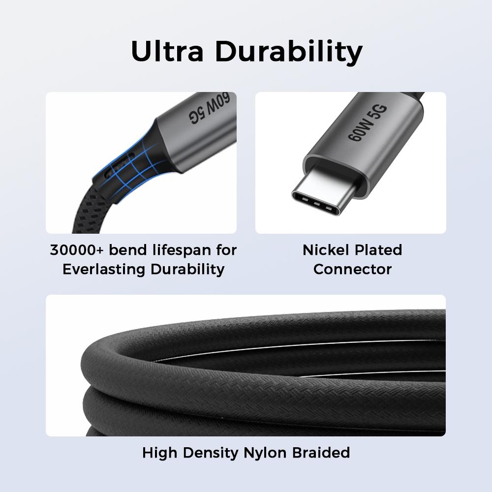 NÖRDIC 5m USB3.2 Gen1 USB-C til C nylonflettet kabel hurtiglading 3A 5Gbps Strømforsyning PD 60W