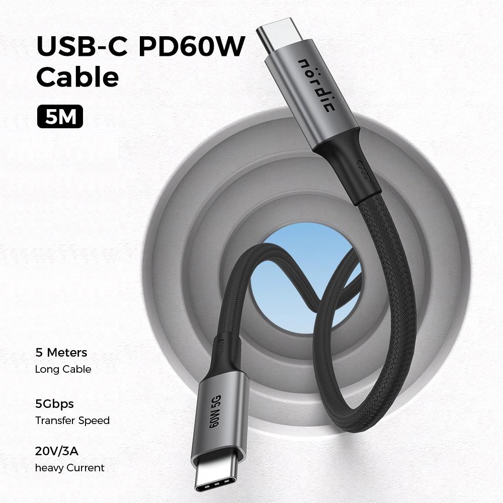 NÖRDIC 5m USB3.2 Gen1 USB-C til C nylonflettet kabel hurtiglading 3A 5Gbps Strømforsyning PD 60W