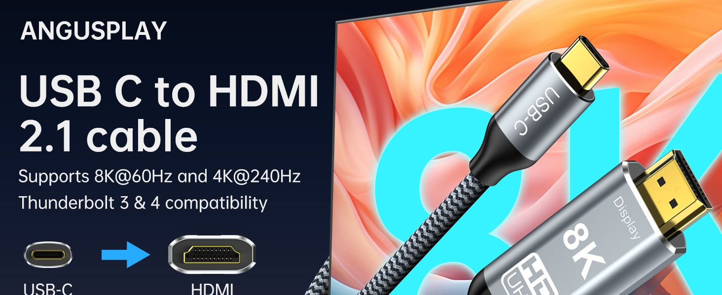 NÖRDIC 5m kabel USB-C til HDMI 2.1 8K30Hz 4K120Hz 48Gbps HDR kompatibel med Thunderbolt 3 og 4