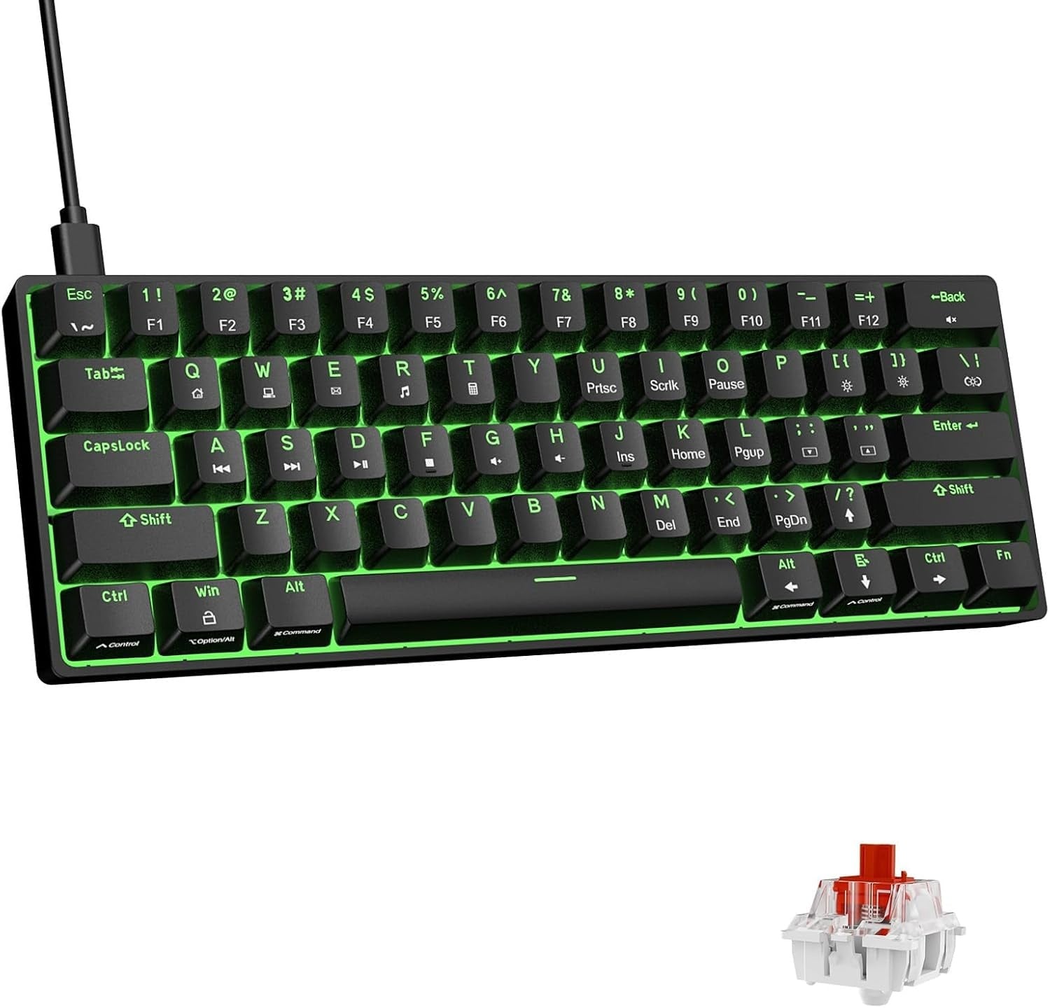 NÖRDIC 60% Kablet mekanisk gaming-tastatur med røde switches, LED-bakgrunnsbelysning, ultrakompakt 61 taster, US-layout