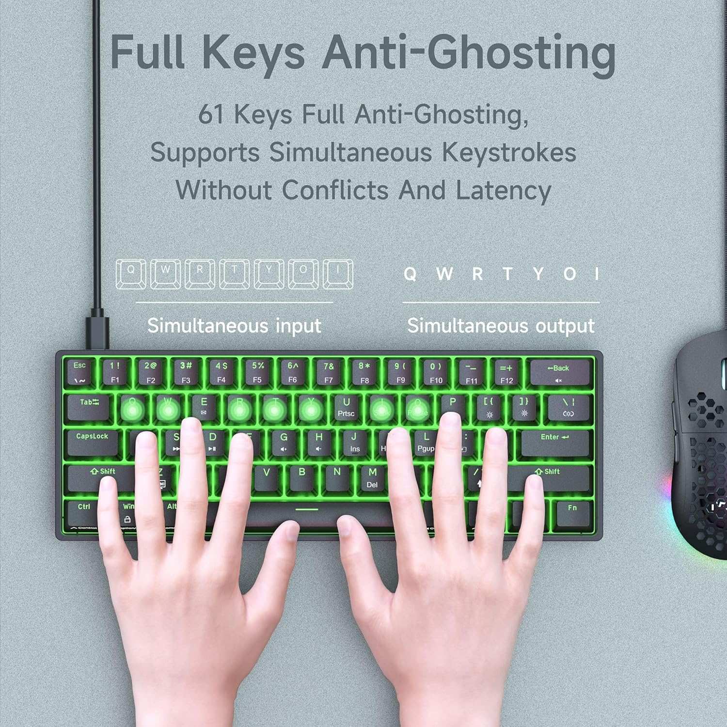 NÖRDIC 60% Kablet mekanisk gaming-tastatur med røde switches, LED-bakgrunnsbelysning, ultrakompakt 61 taster, US-layout