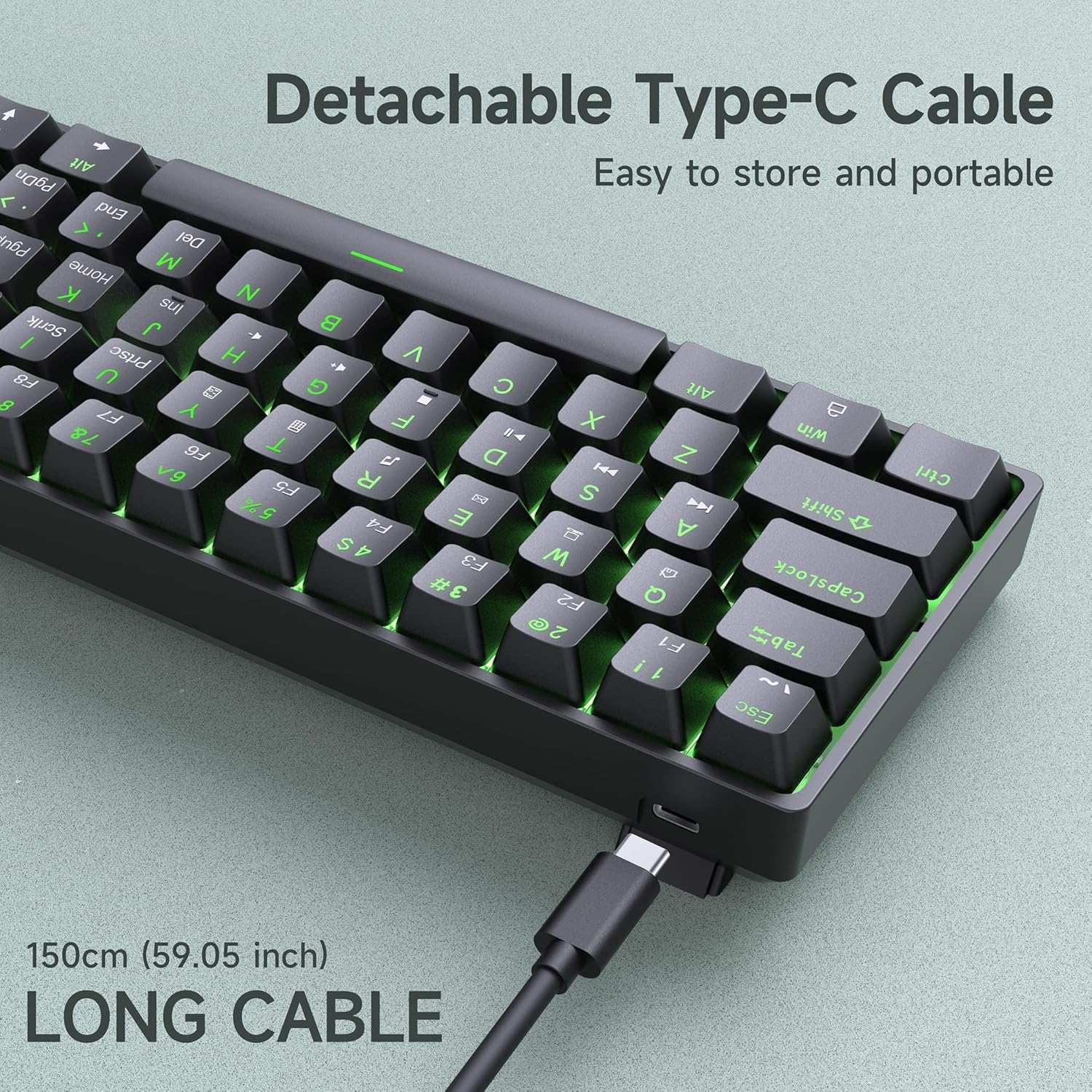 NÖRDIC 60% Kablet mekanisk gaming-tastatur med røde switches, LED-bakgrunnsbelysning, ultrakompakt 61 taster, US-layout