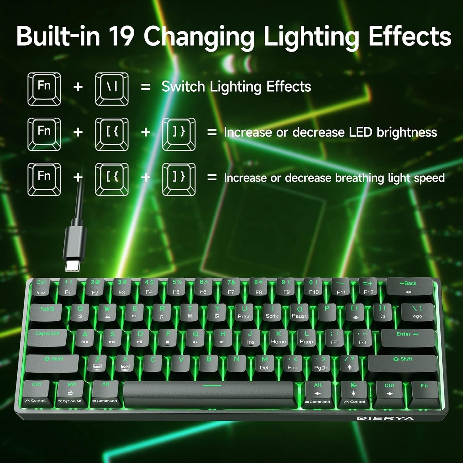 NÖRDIC 60% Kablet mekanisk gaming-tastatur med røde switches, LED-bakgrunnsbelysning, ultrakompakt 61 taster, US-layout