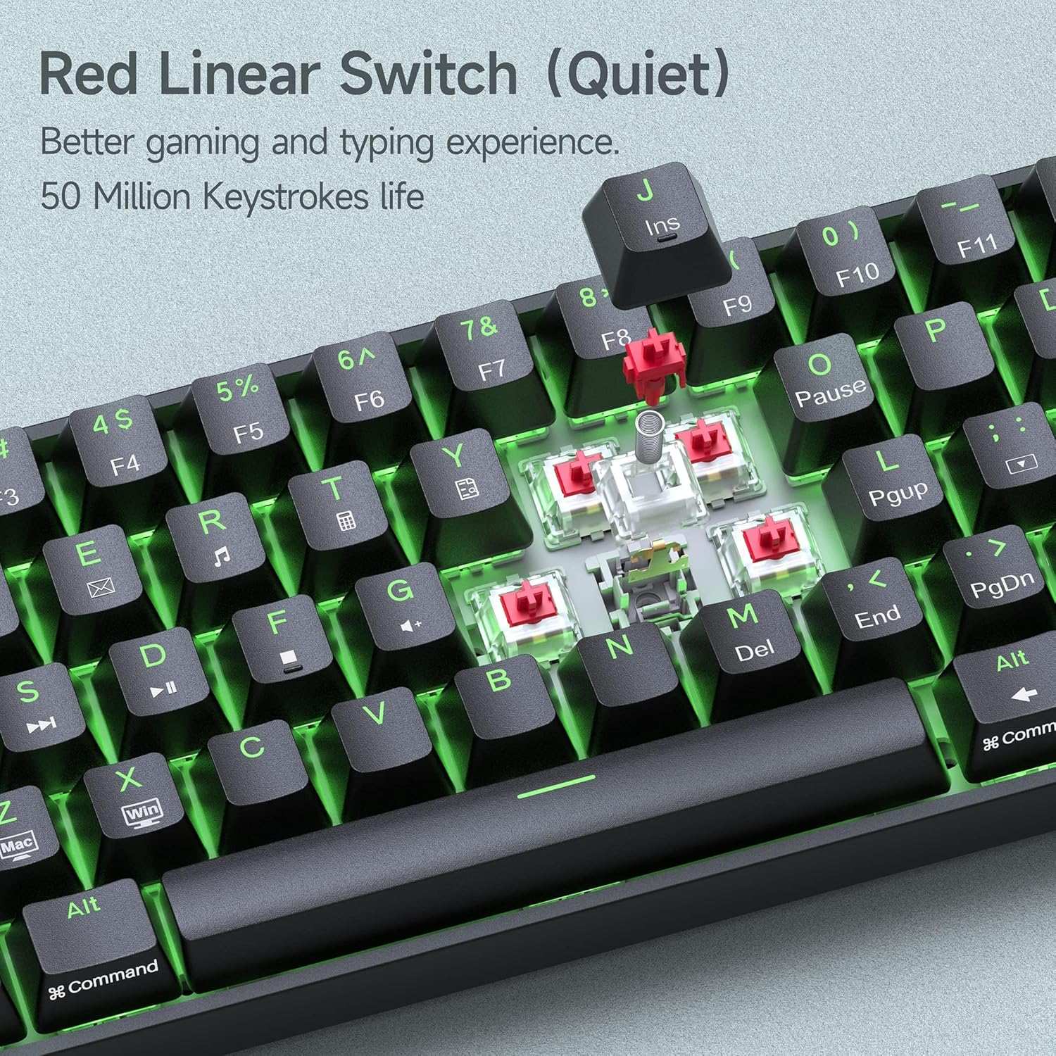 NÖRDIC 60% Kablet mekanisk gaming-tastatur med røde switches, LED-bakgrunnsbelysning, ultrakompakt 61 taster, US-layout