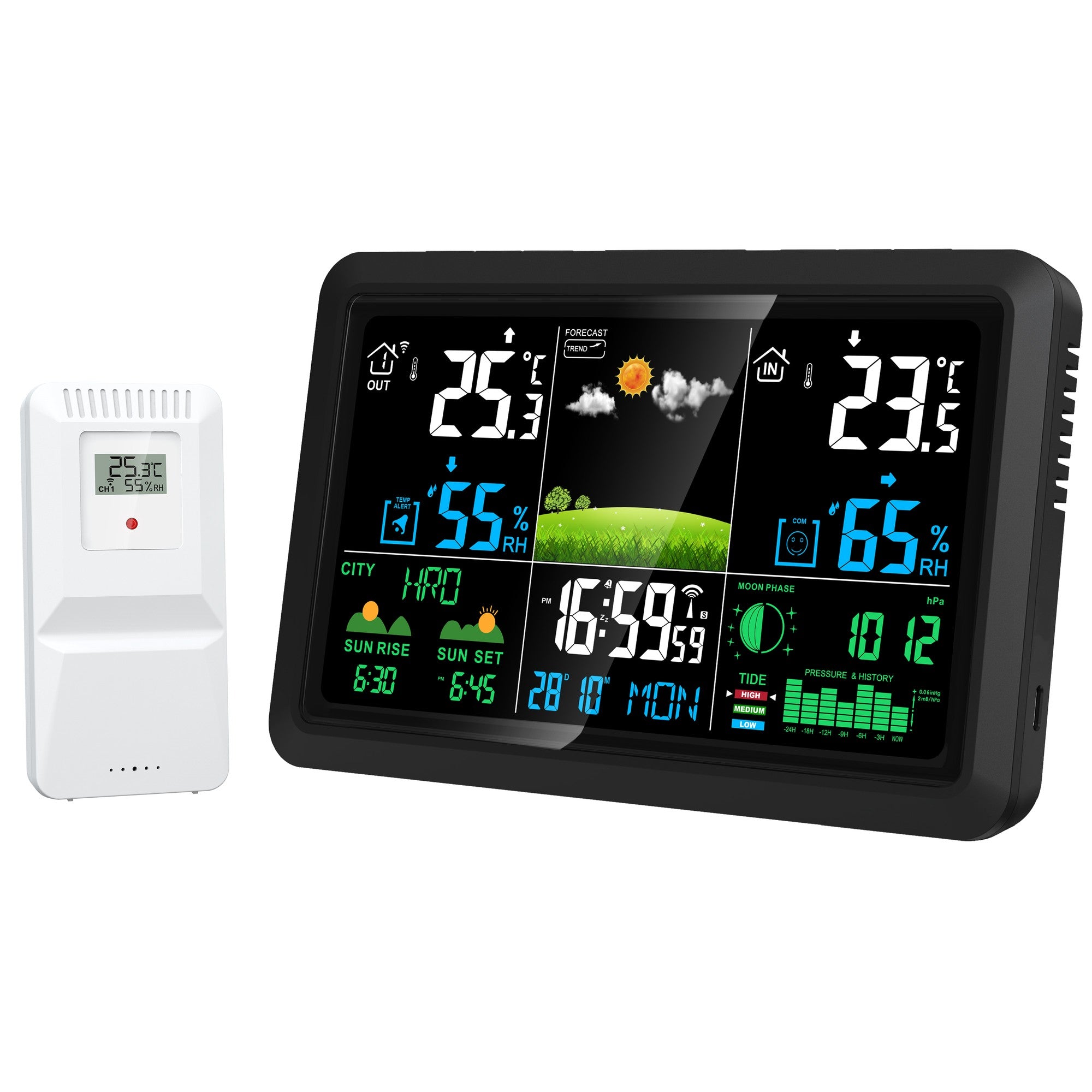 NÖRDIC 7,5" LCD Trådløs Værstasjon Hygrometer Termometer Månefaser Barometer RCC Radiokontrollert Vekkeklokke Soltid