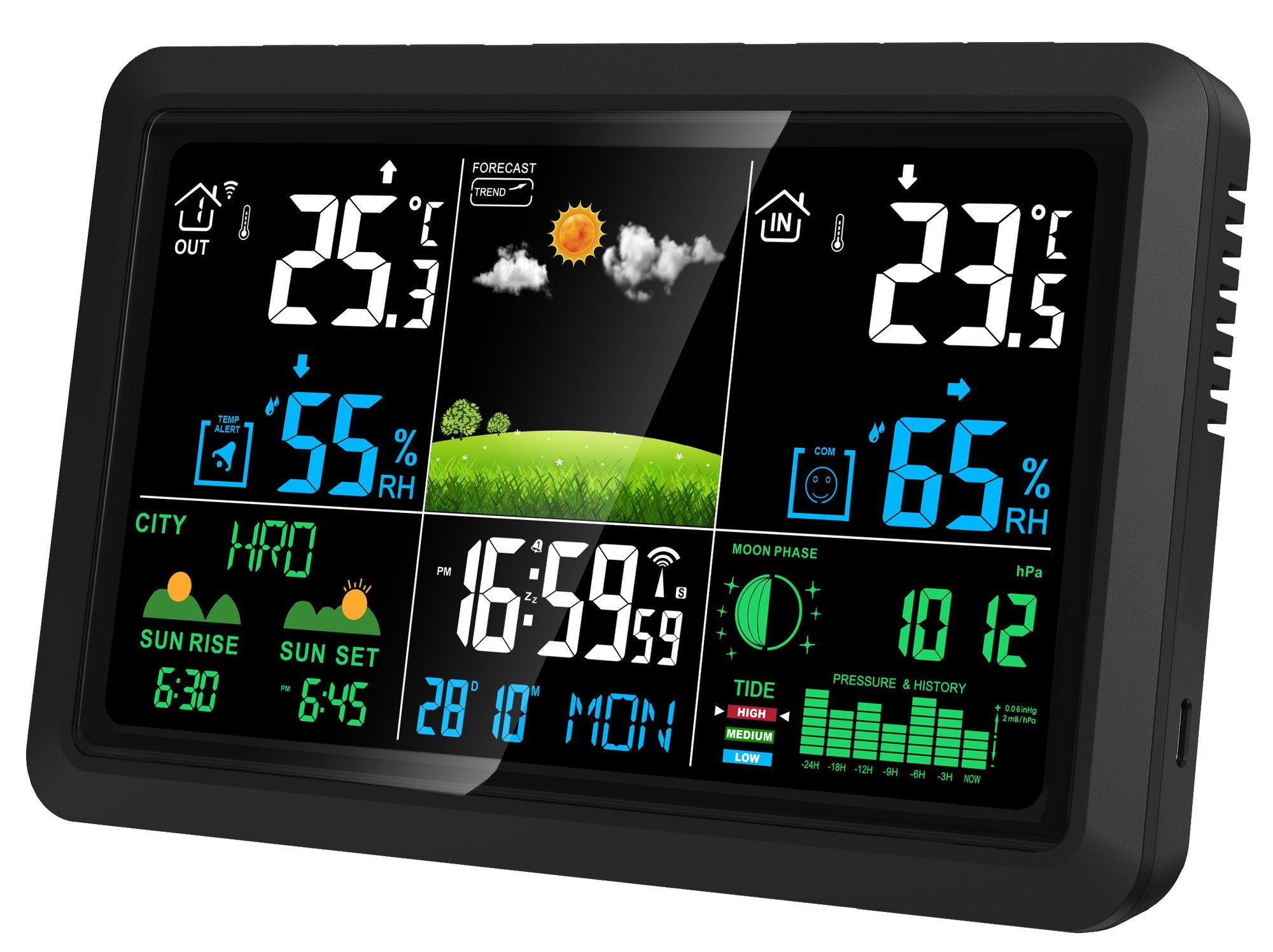 NÖRDIC 7,5" LCD Trådløs Værstasjon Hygrometer Termometer Månefaser Barometer RCC Radiokontrollert Vekkeklokke Soltid