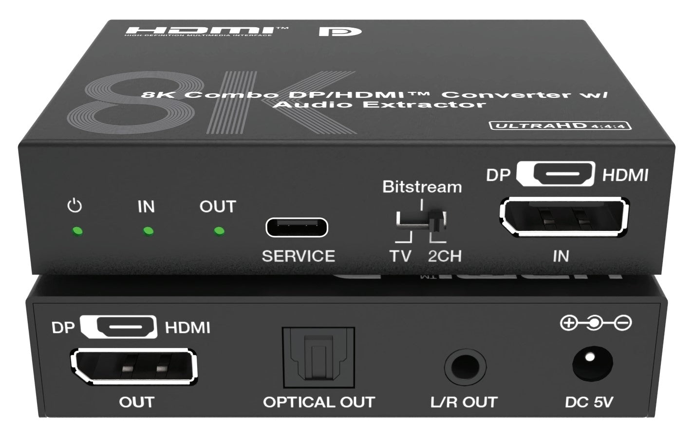 NÖRDIC 8K 30Hz DP/HDMI Kombo extractor-omformer, SPDIF stereo L/R Dolby Atmos DTS-HD Master HDR pass-through EDID
