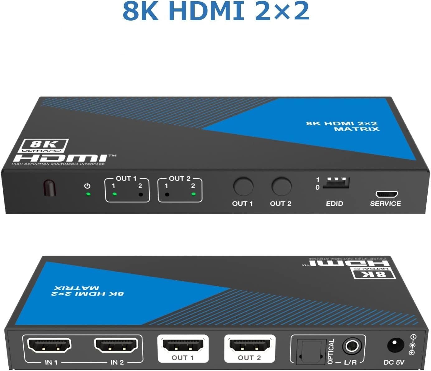 NÖRDIC 8K HDMI 2.1 matrisebryter 2x2 med lyduttrekk Toslink & Stereo EDID CEC, Dolby Atmos, Digital Plus, DTS-EX
