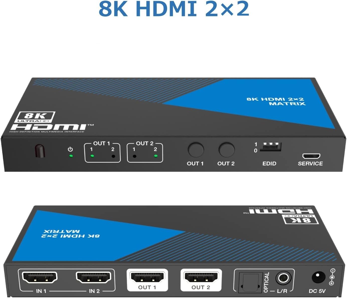 NÖRDIC 8K HDMI 2.1 matrisebryter 2x2 med lyd-extractor Toslink & Stereo EDID CEC, Dolby Atmos, Digital Plus, DTS-EX