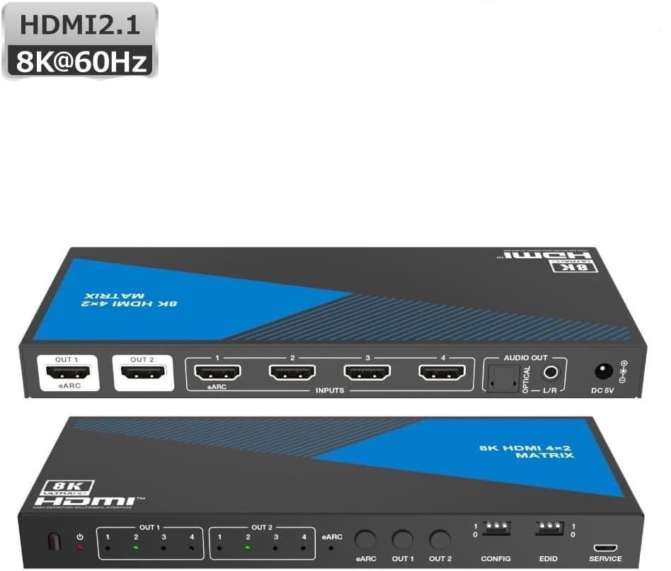 NÖRDIC 8K HDMI 2.1 eARC/ARC matrisebryter 4x2 med avtrekker Toslink & Stereo, HDMI CEC, Dolby Atmos/Digital Plus, DTS Master