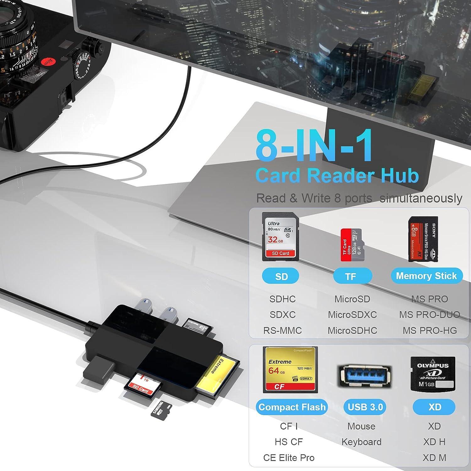 NÖRDIC 8 i 1 USB-A kortleser CF/SD/XD/TF/MS og 3xUSB-A 5Gbps UHS-I 2TB