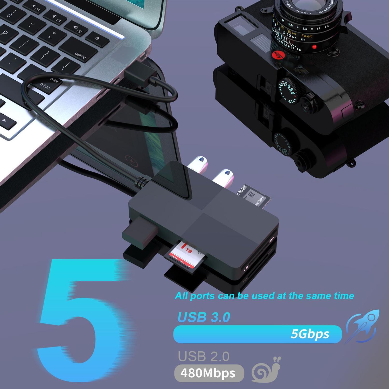 NÖRDIC USB-A kortleser 5 spor CF, SD, MicroSD, MS, XD, 3xUSB-A UHS-I