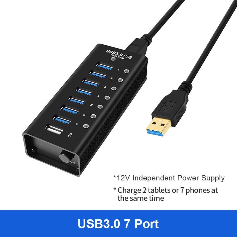 NÖRDIC 8-ports drevet hub USB-A 3.0 5Gbps med bryter 1,2m kabel aluminium svart med strømforsyning