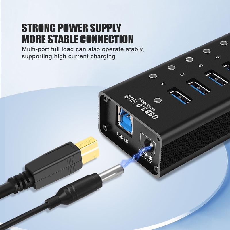 NÖRDIC 8-ports drevet hub USB-A 3.0 5Gbps med bryter 1,2m kabel aluminium svart med strømforsyning